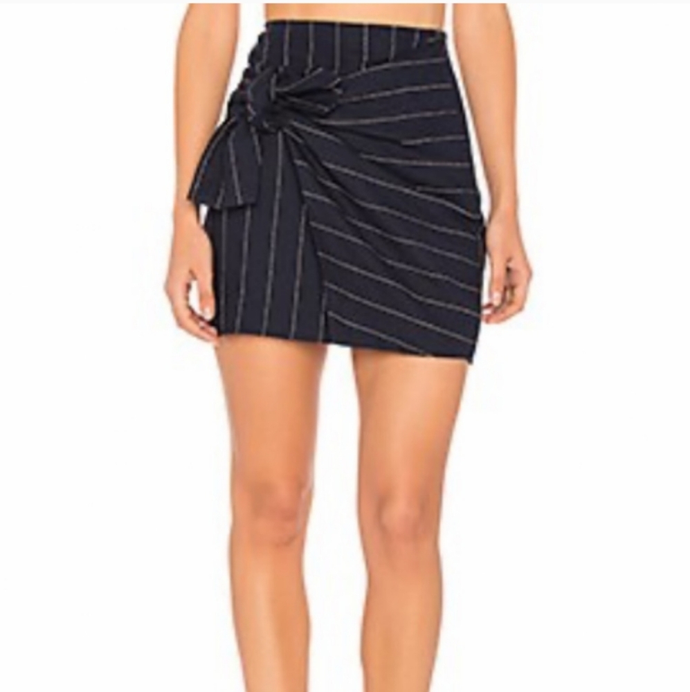 Revolve J.O.A. Los Angeles blue and cream stitched mini skirt. Asymmetric tie in